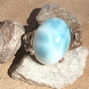 Natural Larimar Handmade .925 Ring Size 7 Stamped Sterling Silver Gemstone